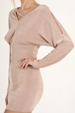 Rebellious Fashion Mauve Batwing Cold Shoulder Mini Dress - Sonia