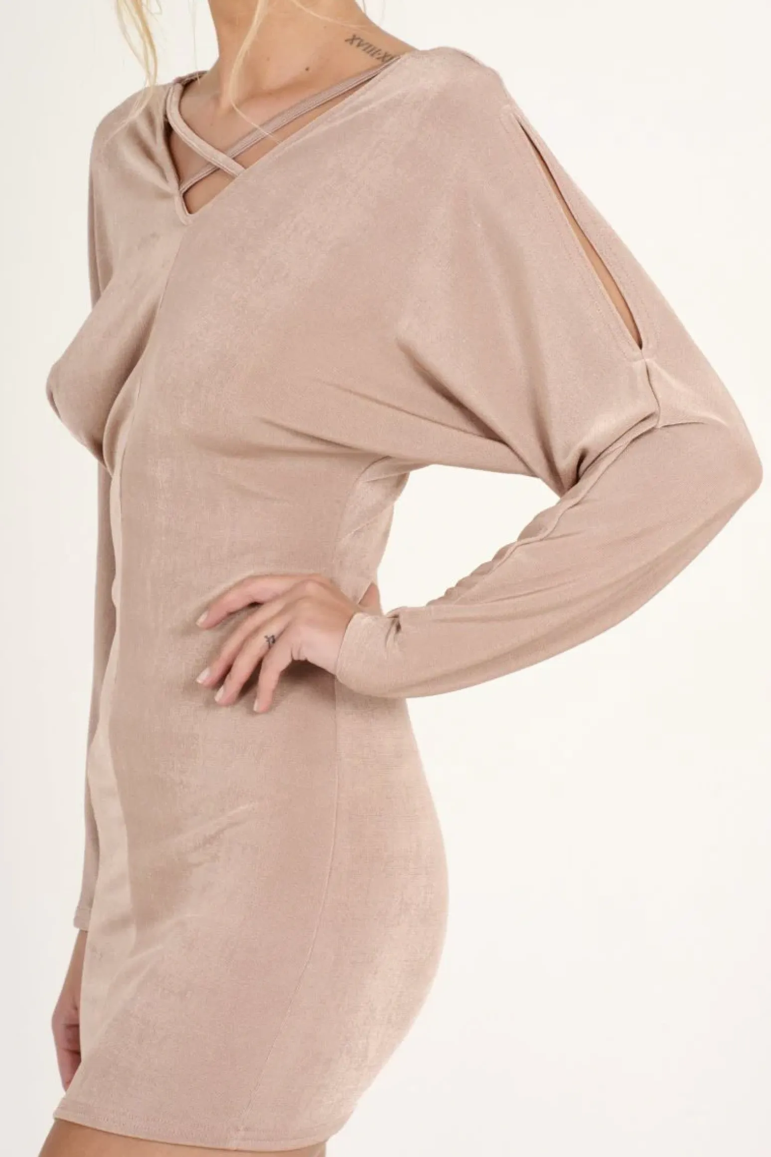 Rebellious Fashion Mauve Batwing Cold Shoulder Mini Dress - Sonia