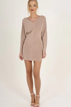 Rebellious Fashion Mauve Batwing Cold Shoulder Mini Dress - Sonia