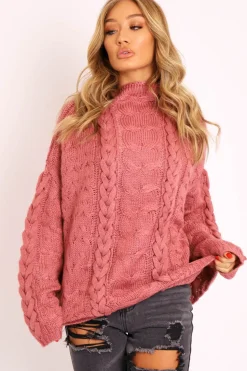 Rebellious Fashion Mauve Cable Knit High Neck Oversized Jumper - Kiyla