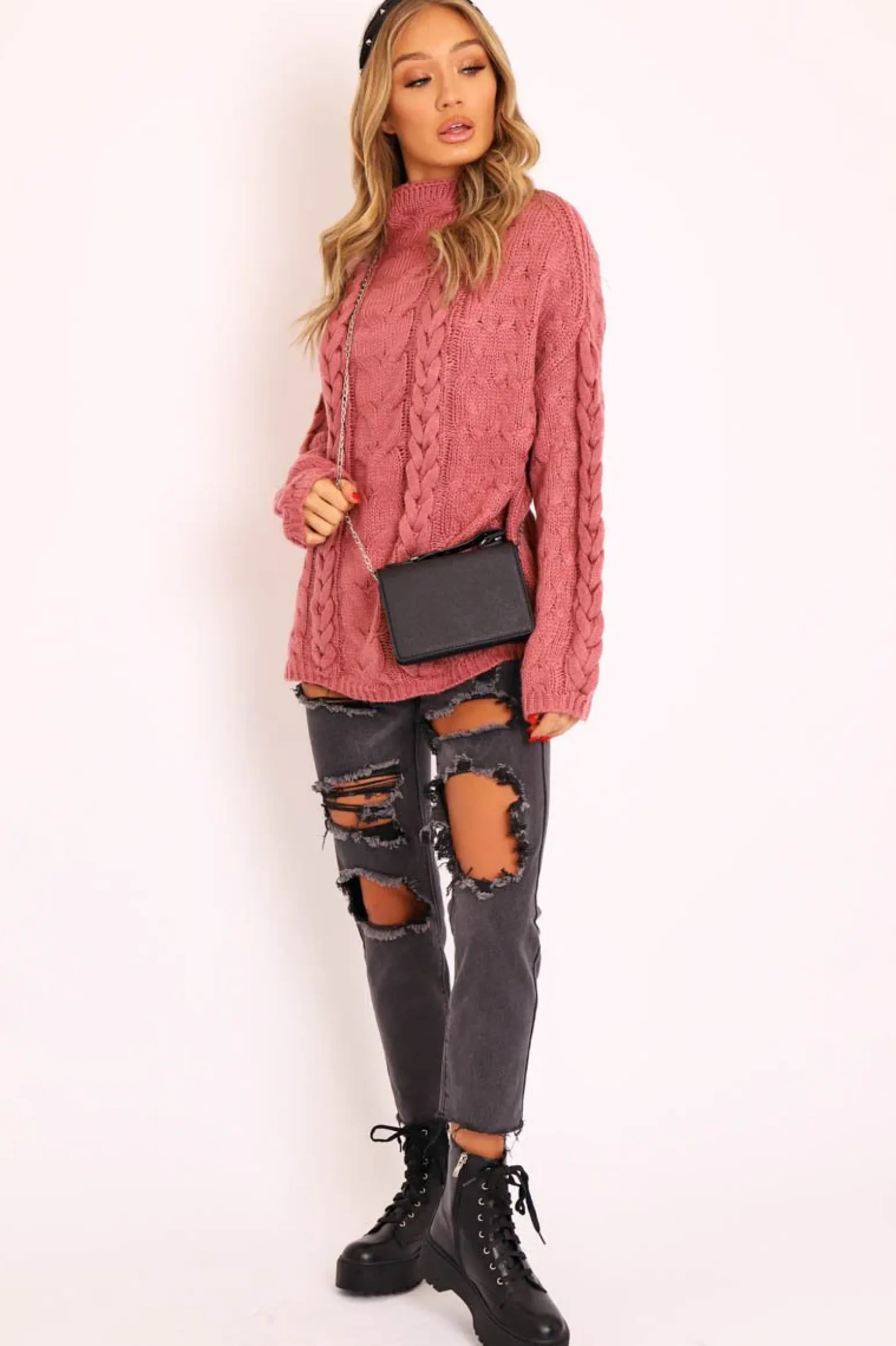 Rebellious Fashion Mauve Cable Knit High Neck Oversized Jumper - Kiyla