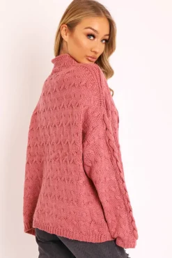 Rebellious Fashion Mauve Cable Knit High Neck Oversized Jumper - Kiyla