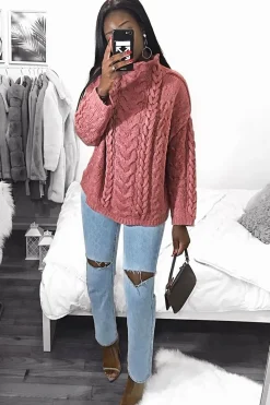 Rebellious Fashion Mauve Cable Knit High Neck Oversized Jumper - Kiyla