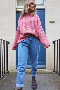 Rebellious Fashion Mauve Cable Knit High Neck Oversized Jumper - Kiyla