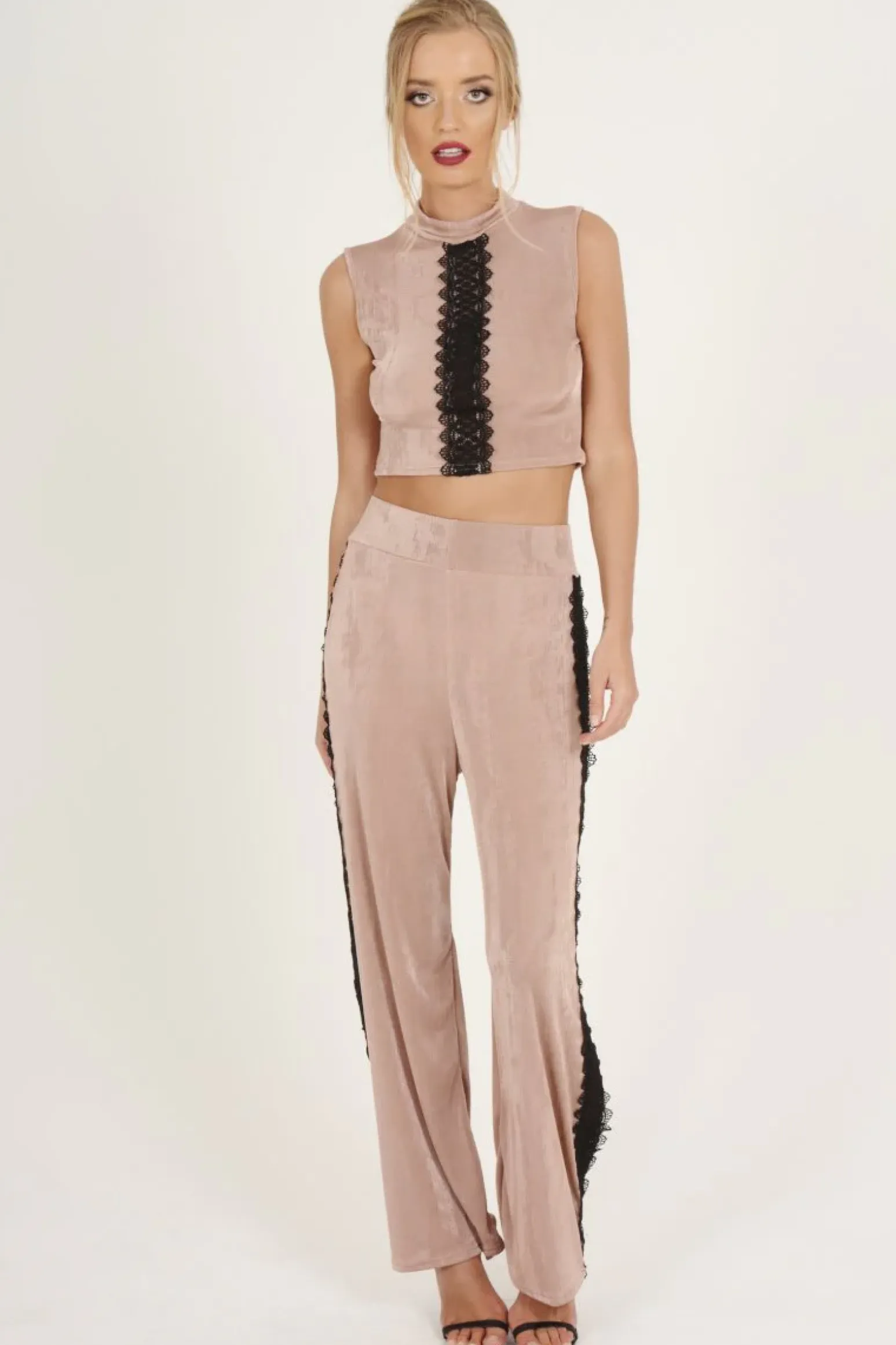 Rebellious Fashion Mauve Crochet Trim Wide Leg Co-ord - Devlin