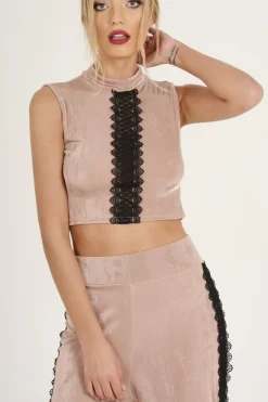 Rebellious Fashion Mauve Crochet Trim Wide Leg Co-ord - Devlin