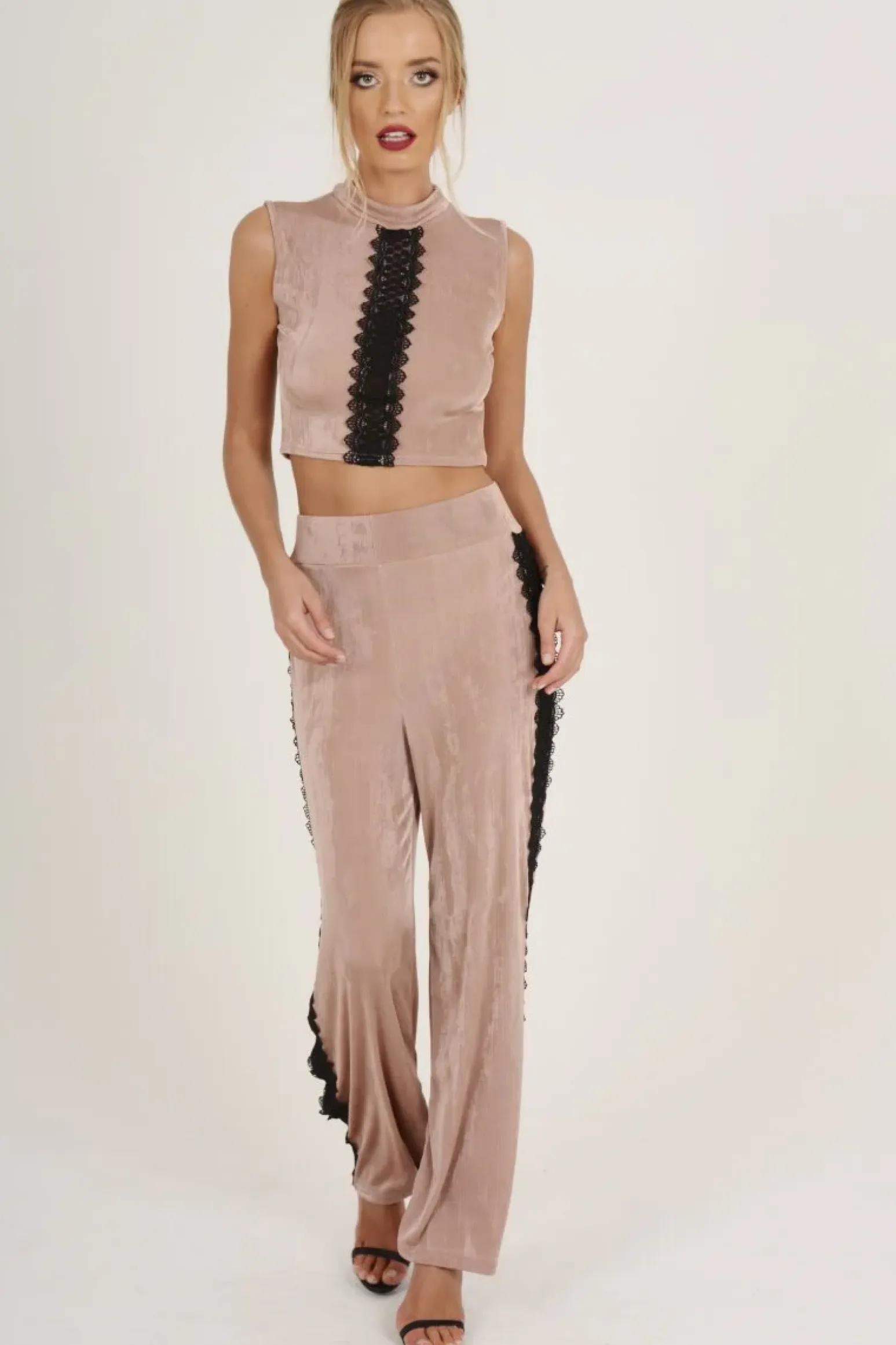Rebellious Fashion Mauve Crochet Trim Wide Leg Co-ord - Devlin