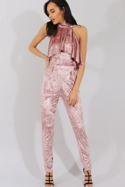 Rebellious Fashion Mauve Crushed Velvet Frill Choker Jumpsuit - Blaire
