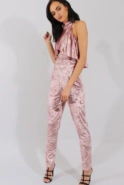 Rebellious Fashion Mauve Crushed Velvet Frill Choker Jumpsuit - Blaire