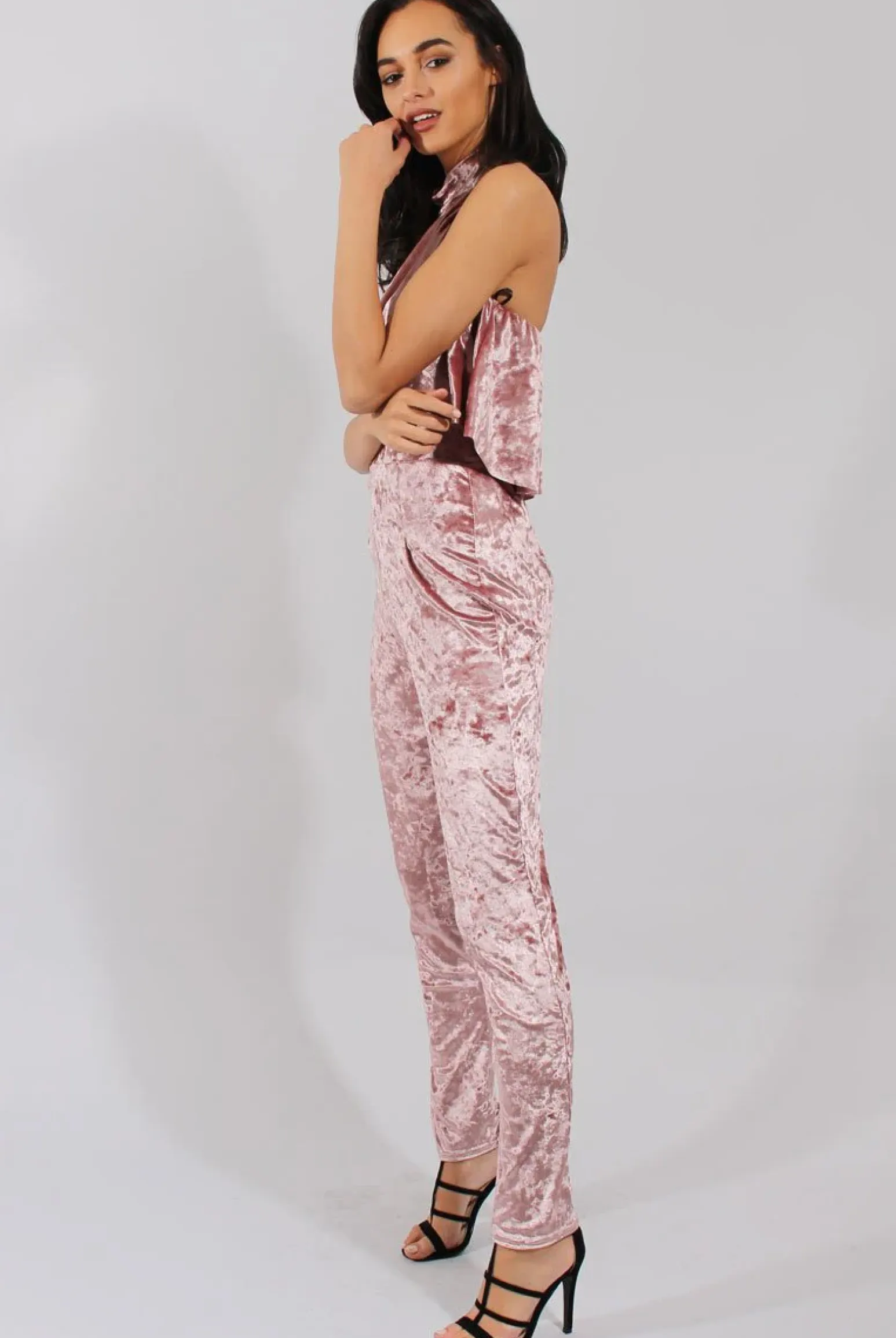 Rebellious Fashion Mauve Crushed Velvet Frill Choker Jumpsuit - Blaire