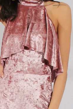 Rebellious Fashion Mauve Crushed Velvet Frill Choker Jumpsuit - Blaire