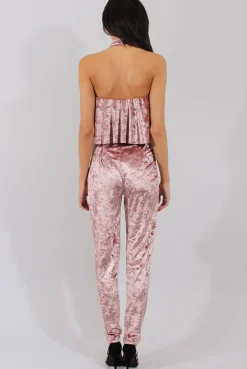 Rebellious Fashion Mauve Crushed Velvet Frill Choker Jumpsuit - Blaire