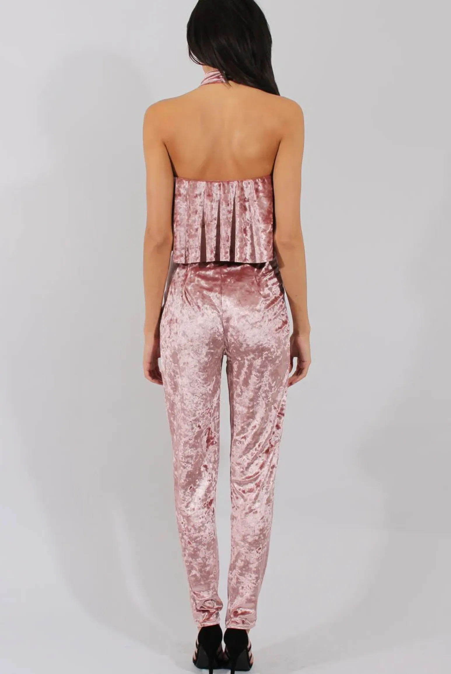 Rebellious Fashion Mauve Crushed Velvet Frill Choker Jumpsuit - Blaire