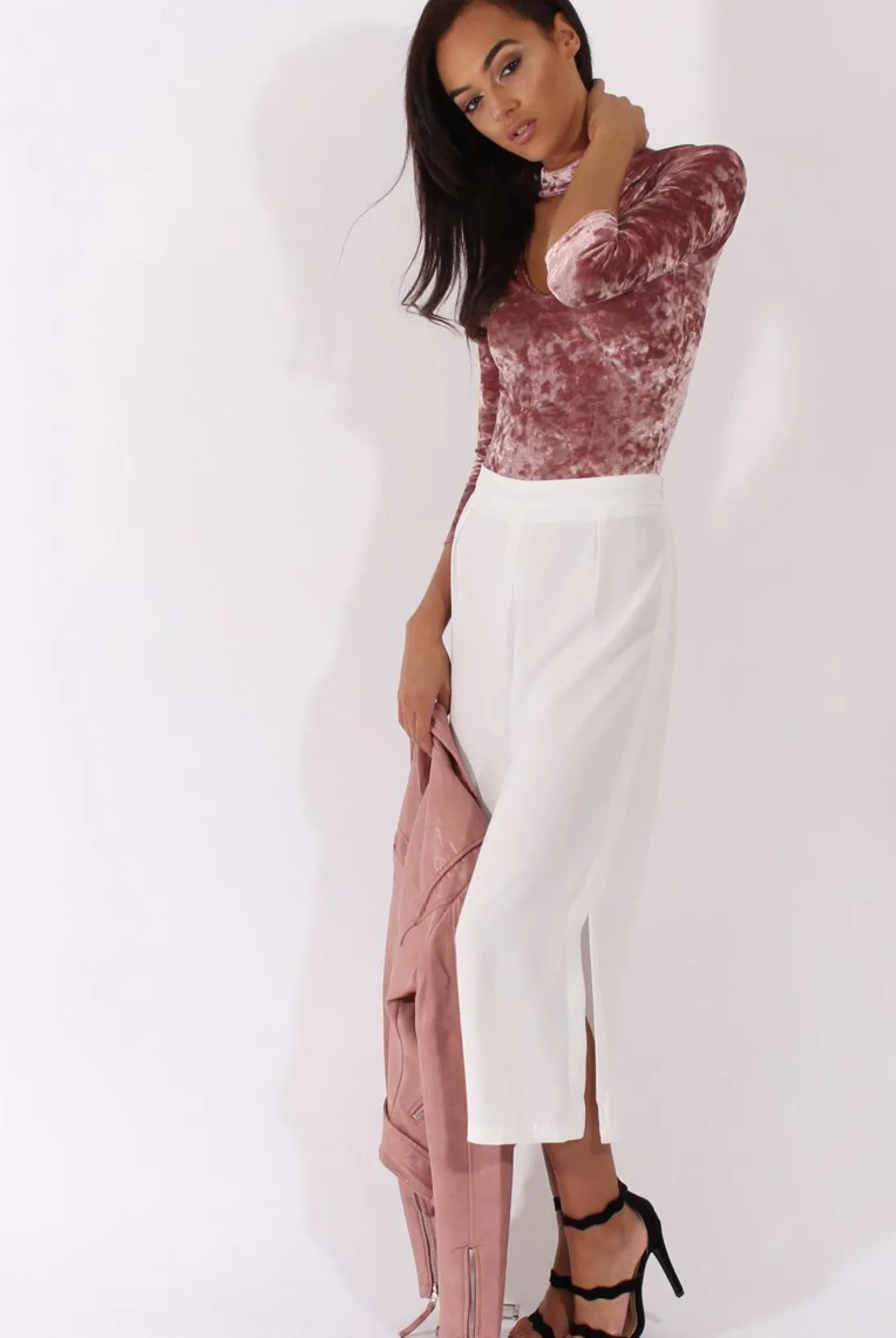 Rebellious Fashion Mauve Crushed Velvet High Neck Cut Out Bodysuit - Asumi