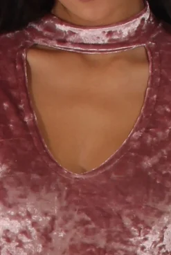 Rebellious Fashion Mauve Crushed Velvet High Neck Cut Out Bodysuit - Asumi