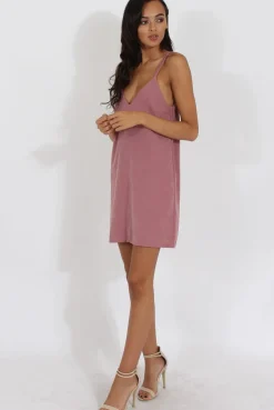 Rebellious Fashion Mauve Faux Suede Strappy Back Slip Dress - Sylvie