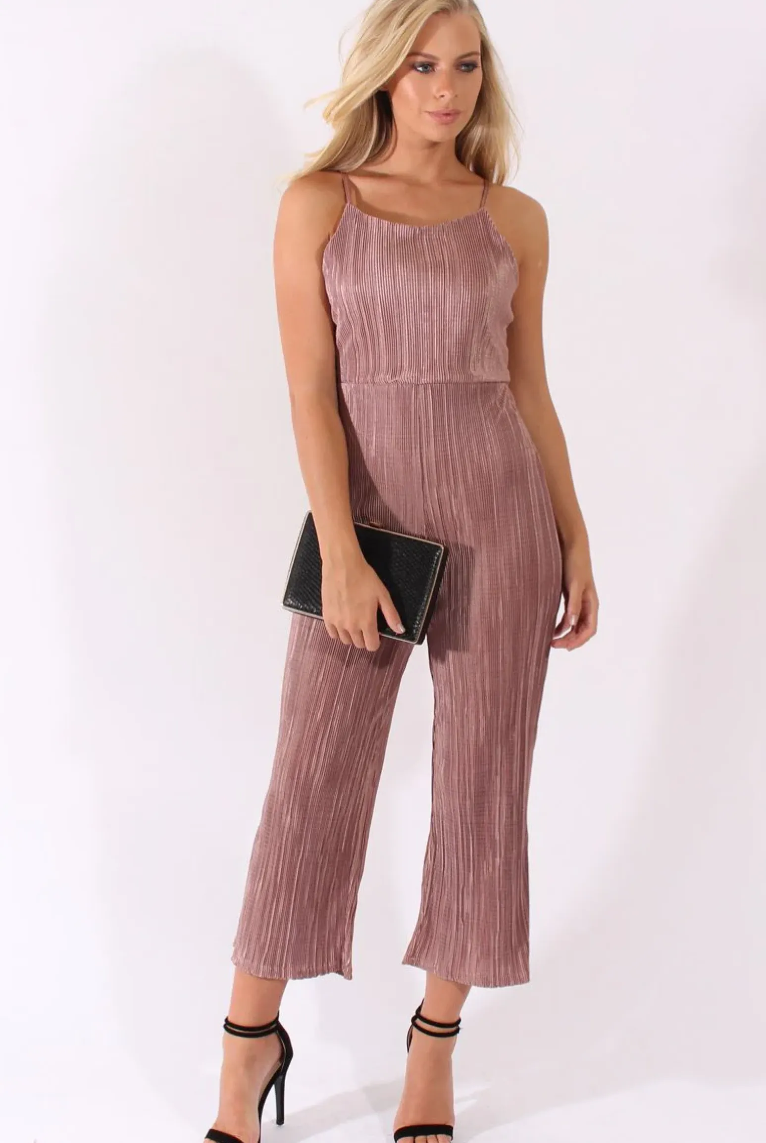 Rebellious Fashion Mauve Metallic Pleated Cropped Jumpsuit - Arabella