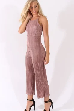 Rebellious Fashion Mauve Metallic Pleated Cropped Jumpsuit - Arabella