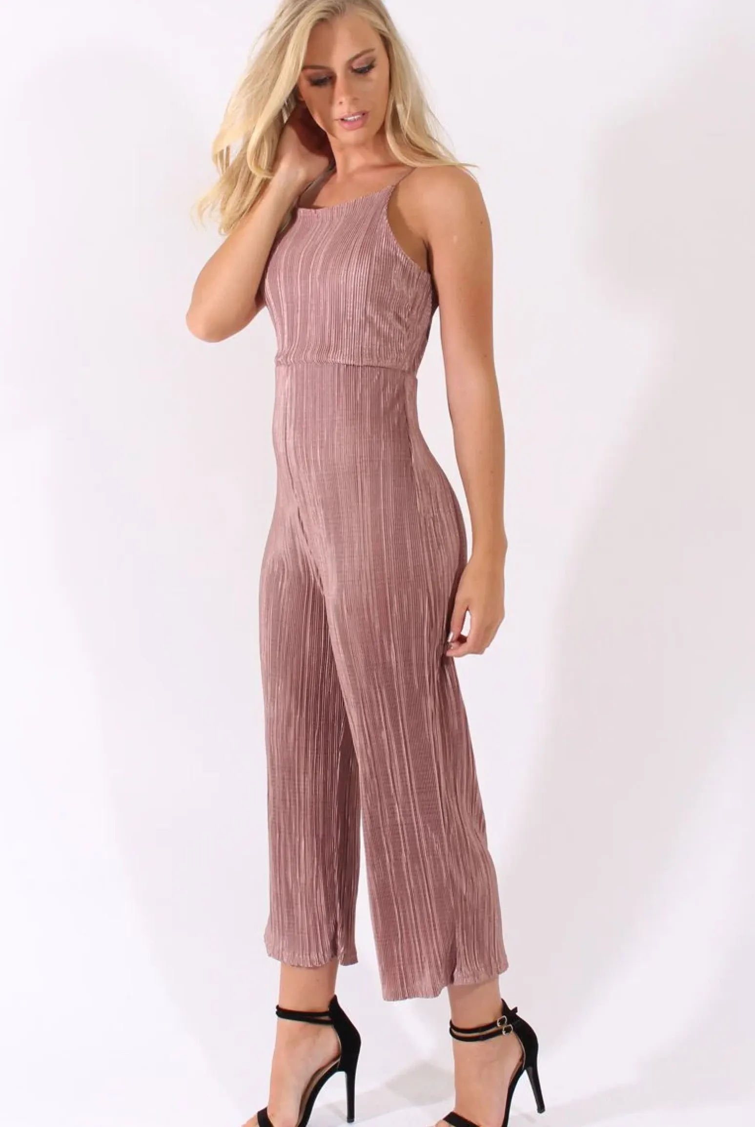 Rebellious Fashion Mauve Metallic Pleated Cropped Jumpsuit - Arabella