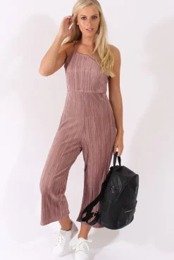 Rebellious Fashion Mauve Metallic Pleated Cropped Jumpsuit - Arabella