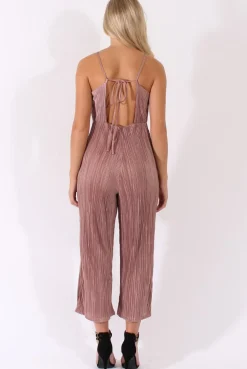 Rebellious Fashion Mauve Metallic Pleated Cropped Jumpsuit - Arabella