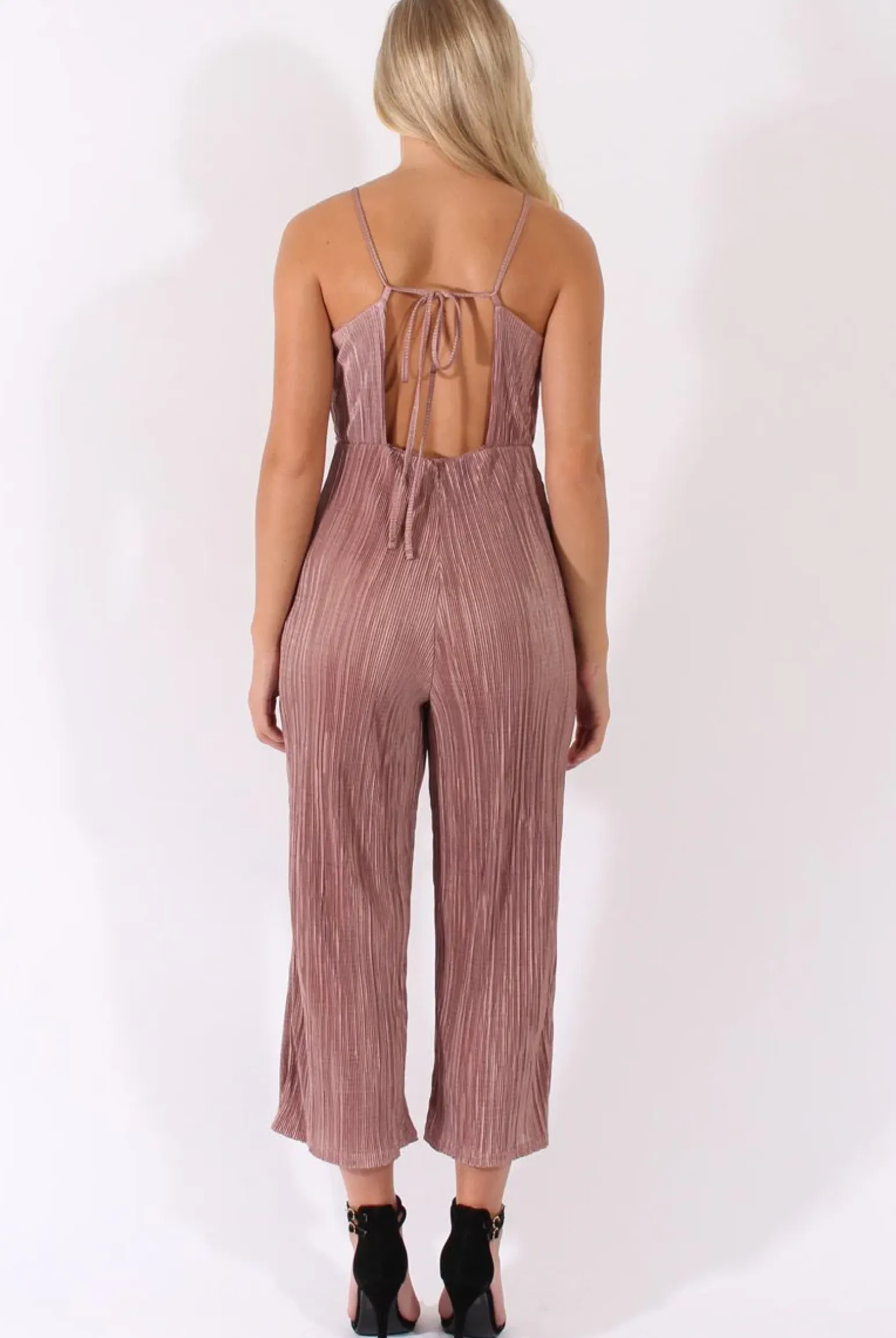 Rebellious Fashion Mauve Metallic Pleated Cropped Jumpsuit - Arabella