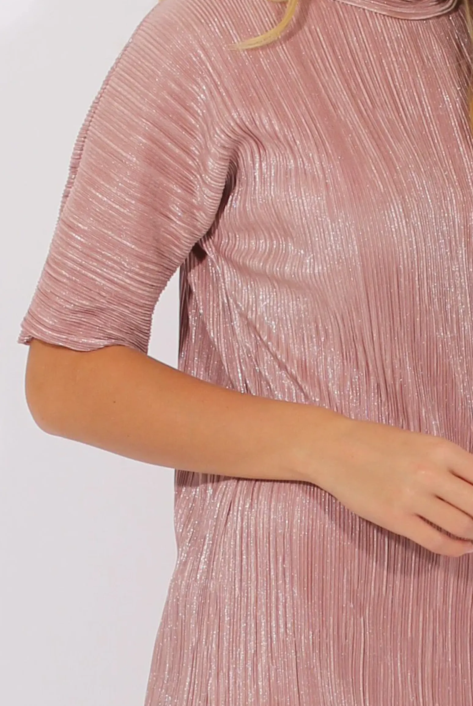 Rebellious Fashion Mauve Metallic Pleated Short Sleeve Midi Dress - Kitty