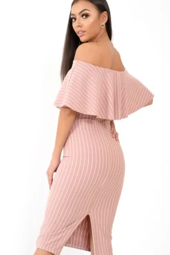 Rebellious Fashion Mauve Pinstripe Frill Bardot Bodycon Midi Dress -Jovey