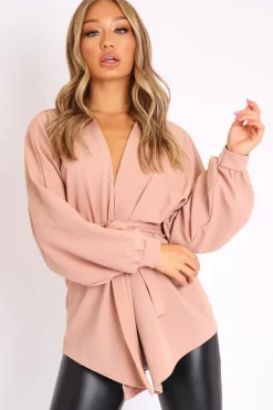 Rebellious Fashion Mauve Plunge Belted Blouse - Goldie