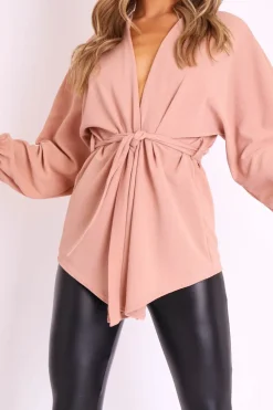 Rebellious Fashion Mauve Plunge Belted Blouse - Goldie