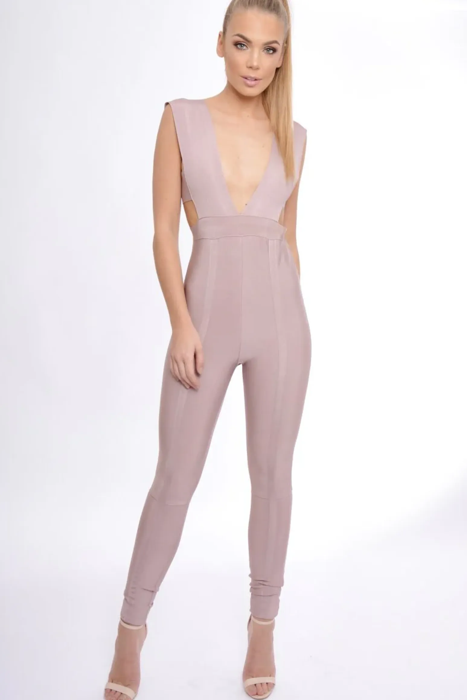 Rebellious Fashion Mauve Plunge Cut Out Bandage Jumpsuit - Kassi