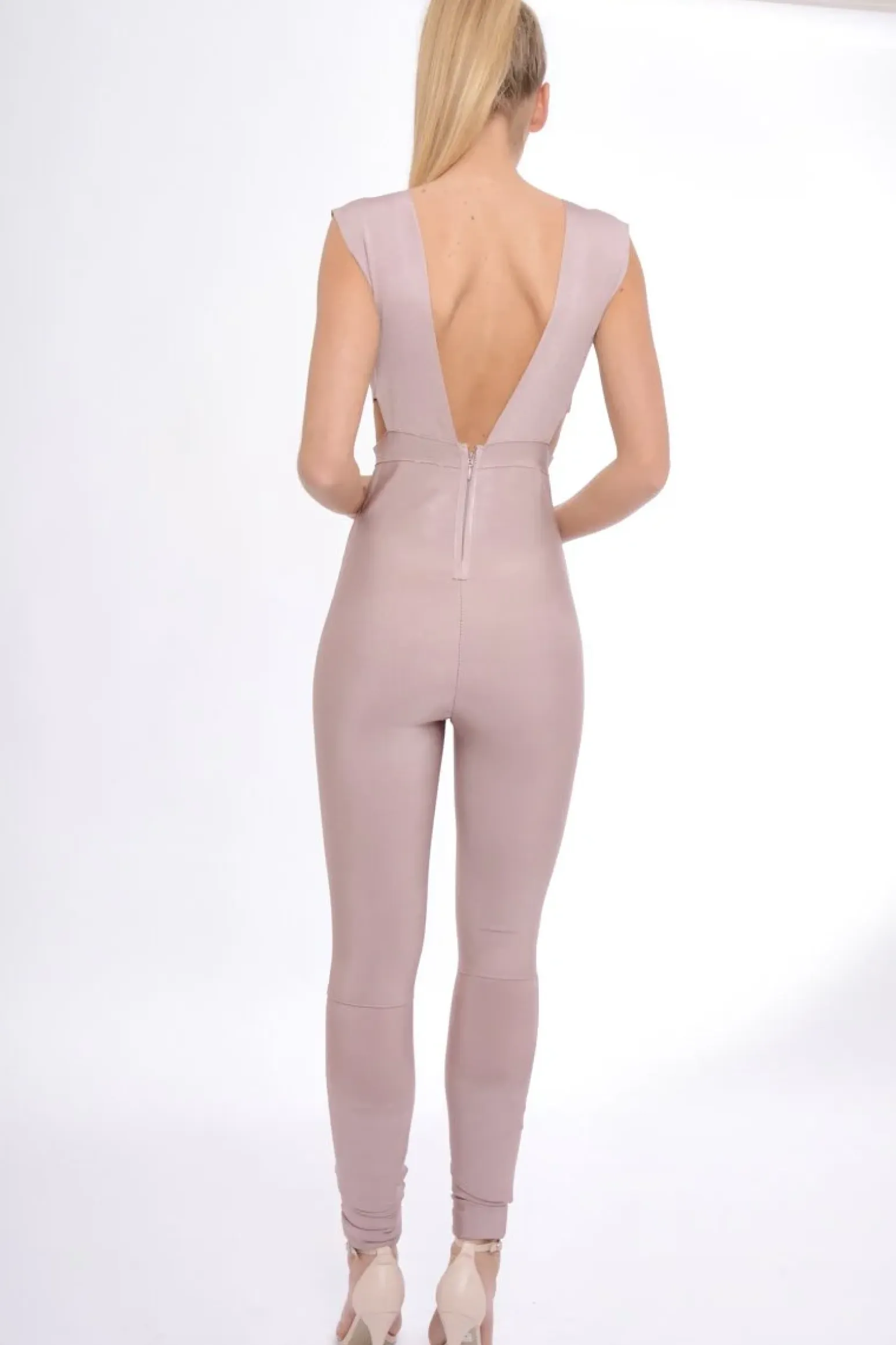 Rebellious Fashion Mauve Plunge Cut Out Bandage Jumpsuit - Kassi
