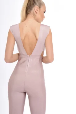 Rebellious Fashion Mauve Plunge Cut Out Bandage Jumpsuit - Kassi