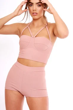 Rebellious Fashion Mauve Ribbed Bustier Crop Top & Shorts Co-ord Set - Olivia