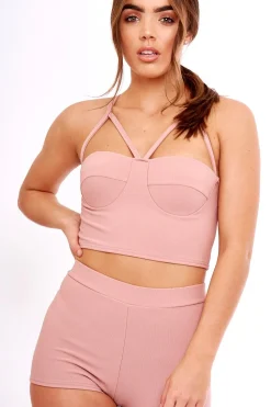Rebellious Fashion Mauve Ribbed Bustier Crop Top & Shorts Co-ord Set - Olivia