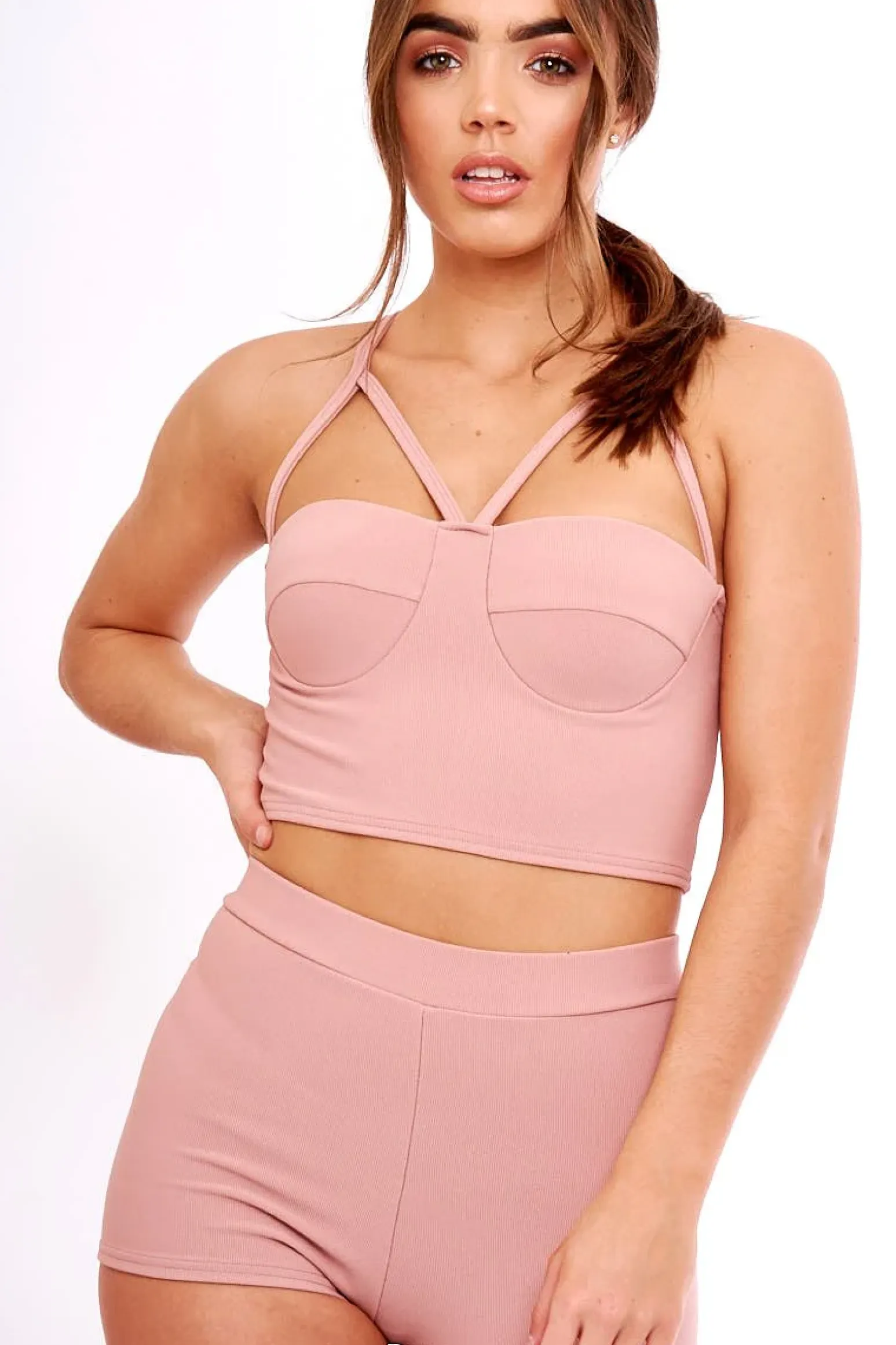 Rebellious Fashion Mauve Ribbed Bustier Crop Top & Shorts Co-ord Set - Olivia