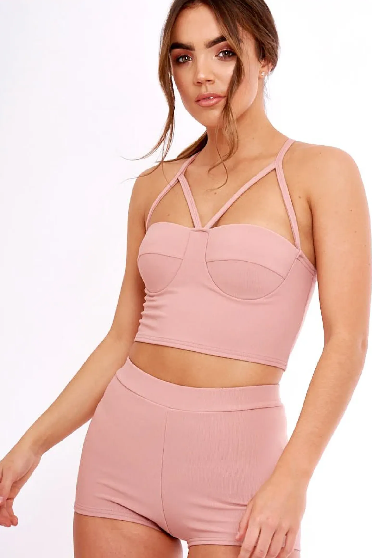 Rebellious Fashion Mauve Ribbed Bustier Crop Top & Shorts Co-ord Set - Olivia
