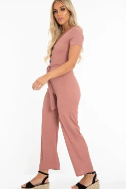 Rebellious Fashion Mauve Rib V Neck Button Front Jumpsuit - Cassandra