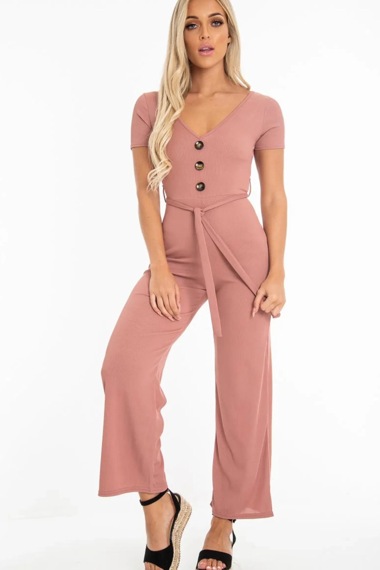 Rebellious Fashion Mauve Rib V Neck Button Front Jumpsuit - Cassandra