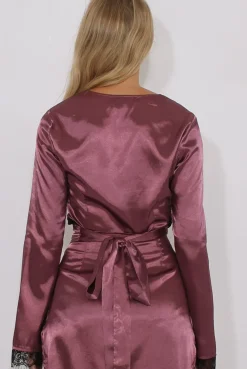 Rebellious Fashion Mauve Satin Lace Trim Wrap Around Tie Crop Top - Dream