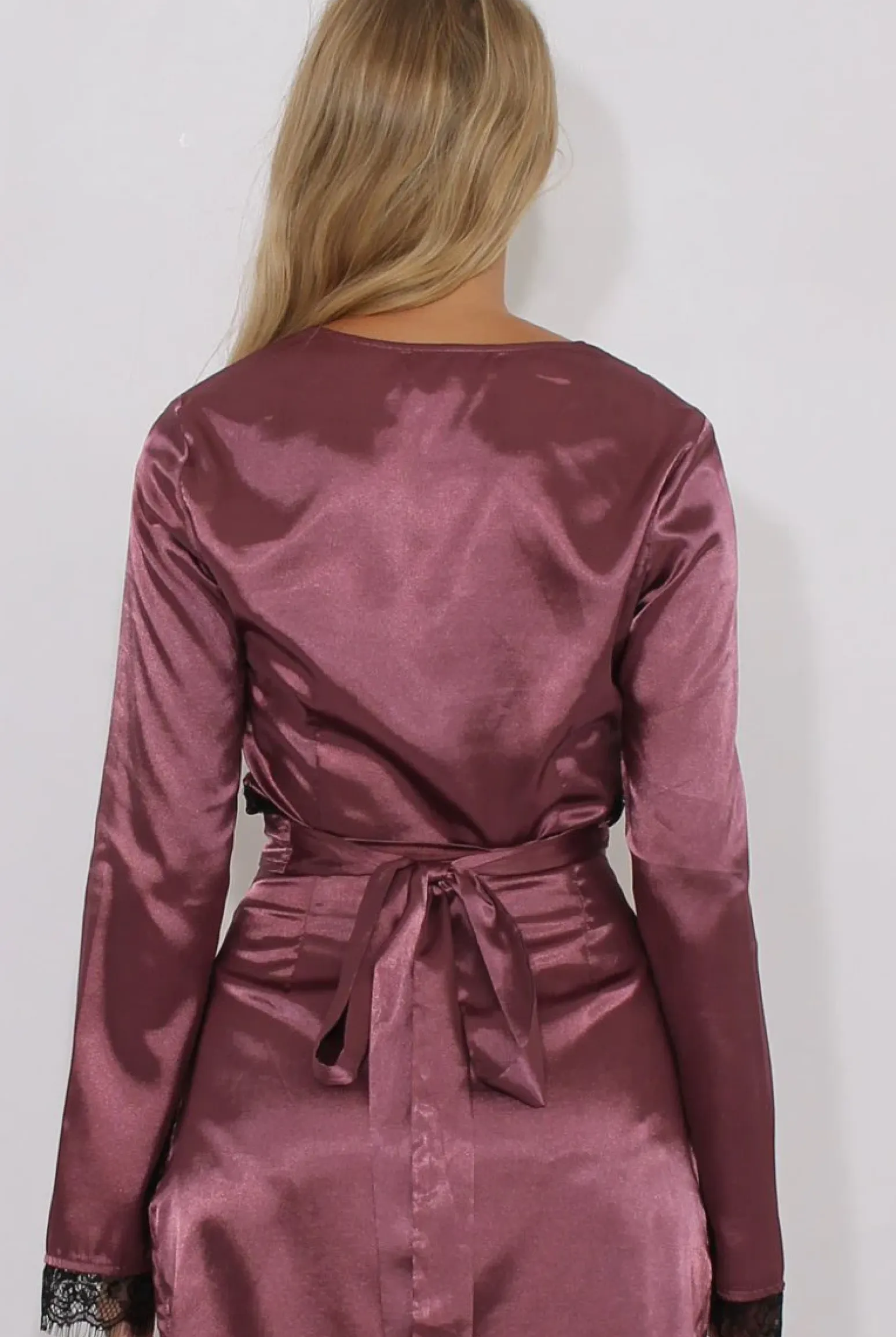 Rebellious Fashion Mauve Satin Lace Trim Wrap Around Tie Crop Top - Dream