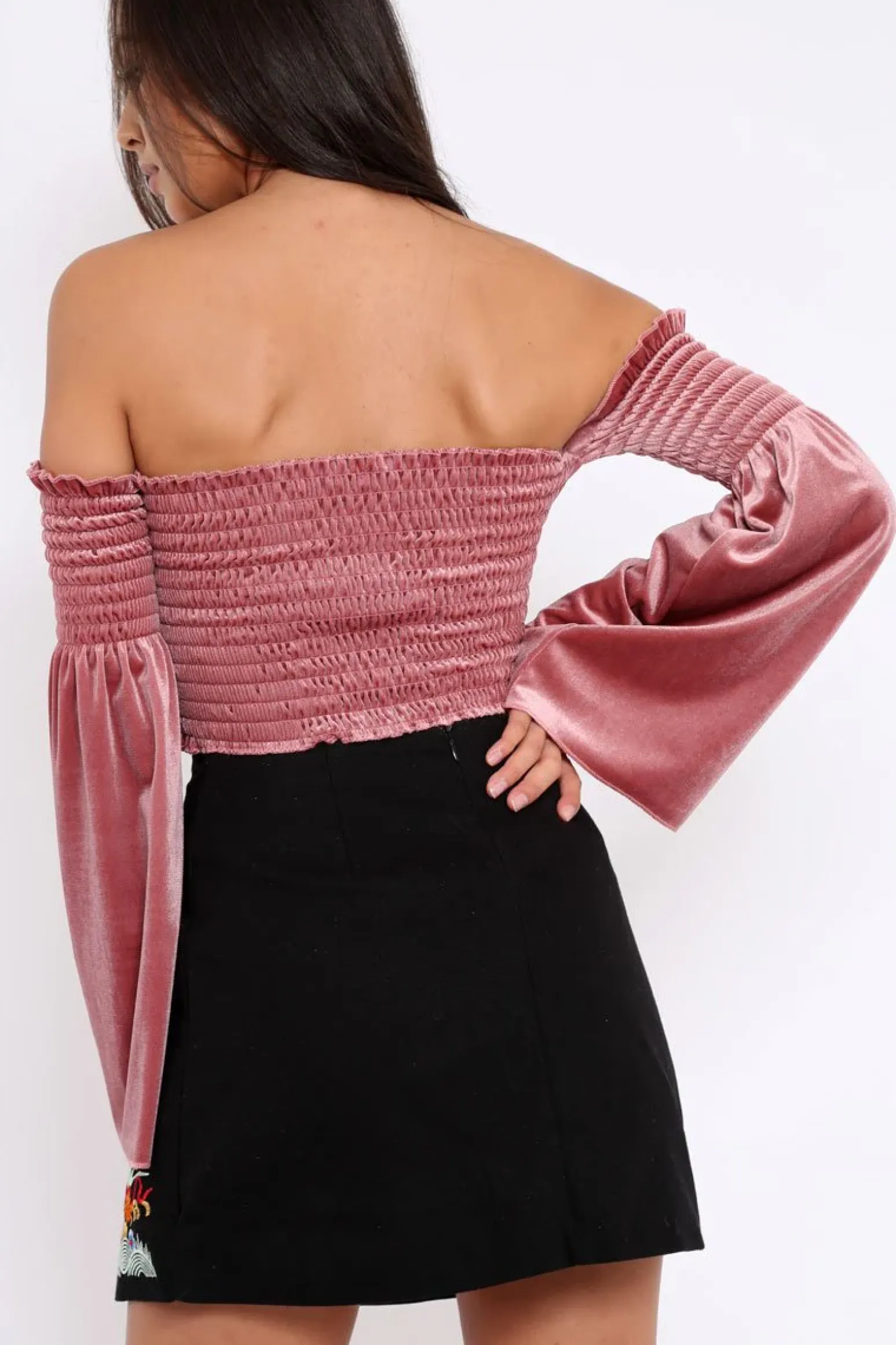 Rebellious Fashion Mauve Velvet Bardot Shirred Crop Top with Flared Sleeves - Shera
