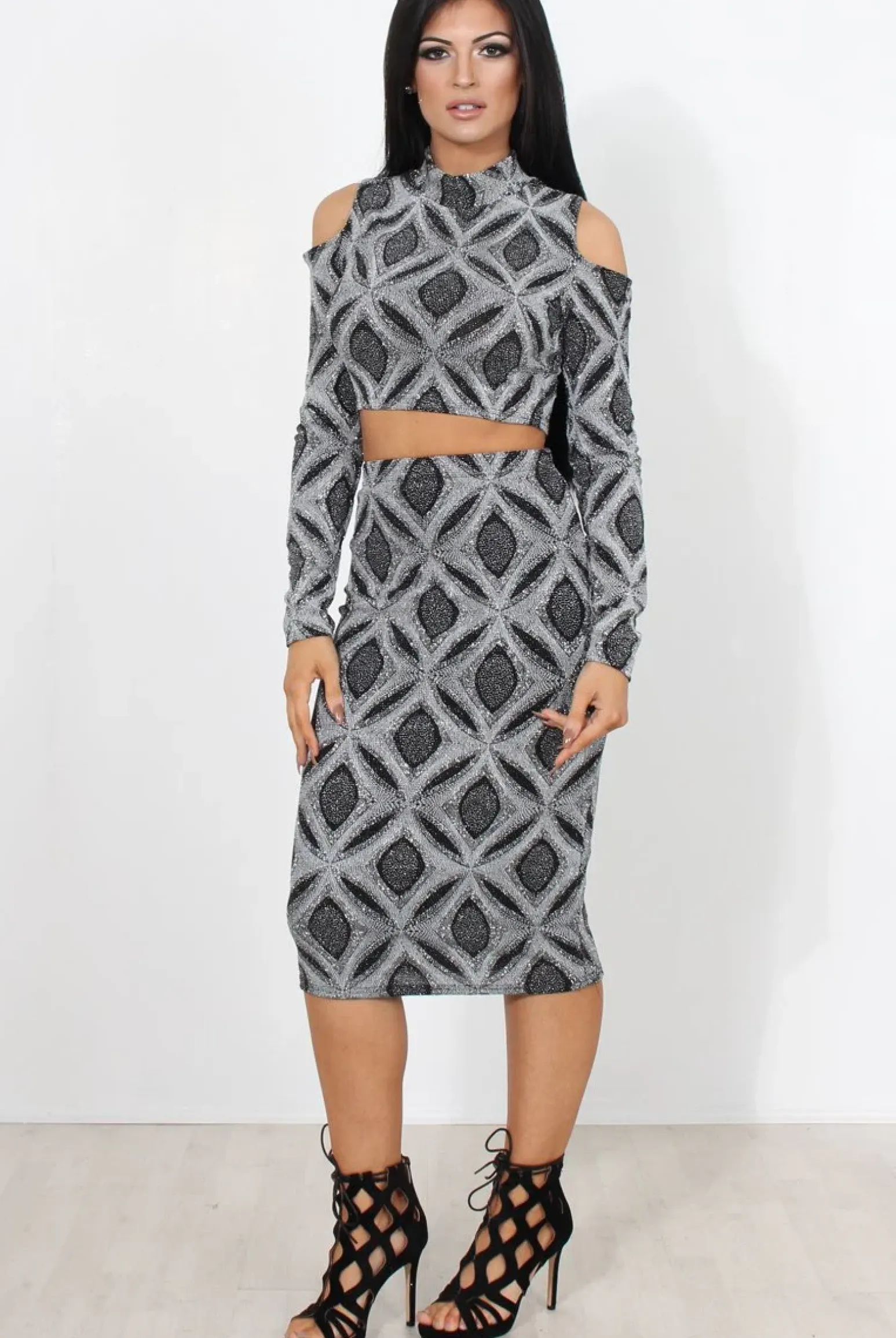 Rebellious Fashion Melna Silver Glitter Two Piece Set