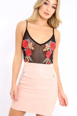 Rebellious Fashion Mesh Applique Rose Bodysuit - Malena
