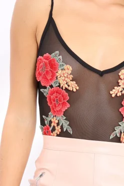 Rebellious Fashion Mesh Applique Rose Bodysuit - Malena