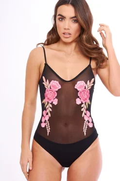 Rebellious Fashion Mesh Floral Embroidered Cami Bodysuit - Evita