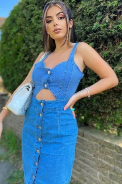 Rebellious Fashion Mid Blue Cut Out Button Front Denim Mini Dress - Saphia