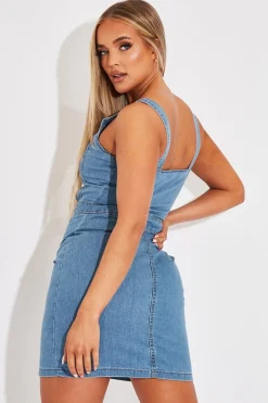 Rebellious Fashion Mid Blue Cut Out Button Front Denim Mini Dress - Saphia