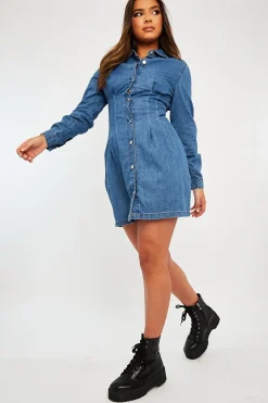 Rebellious Fashion Mid Blue Tailored Waist Denim Shirt Dress - Danaria