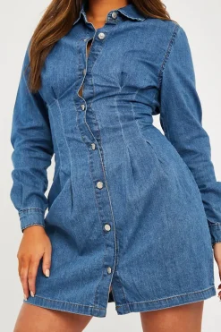 Rebellious Fashion Mid Blue Tailored Waist Denim Shirt Dress - Danaria